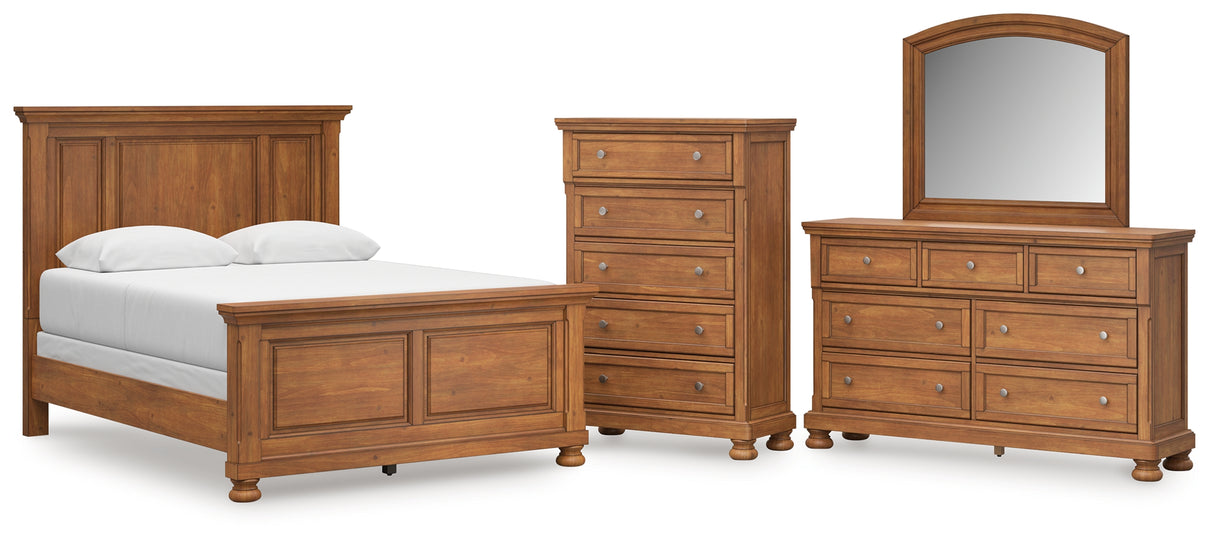 Feddinger 6-Piece Queen Panel Bed with Mirrored Dresser and Chest (Queen Panel Footboard, Queen Panel Headboard, Queen Panel Rails, Dresser, Bedroom Mirror, Chest of Drawers)