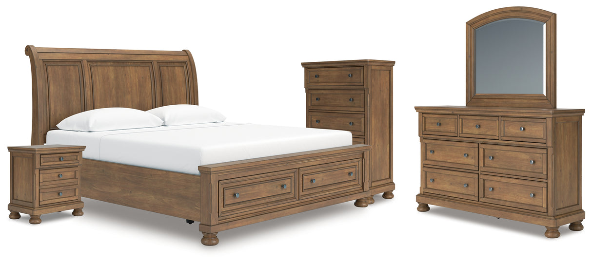 Feddinger 7-Piece King Storage Sleigh Bed with Mirrored Dresser, Chest and Nightstand (King/California King Storage Footboard, King/California King Sleigh Headboard, King Rails with Roll Slats, Dresser, Bedroom Mirror, Chest of Drawers, Nightstand)