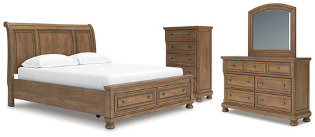 Feddinger 6-Piece California King Storage Sleigh Bed with Mirrored Dresser and Chest (King/California King Storage Footboard, King/California King Sleigh Headboard, California King Rails with Roll Slats, Dresser, Bedroom Mirror, Chest of Drawers)