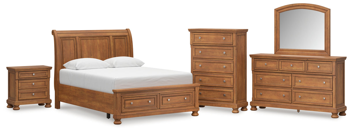 Feddinger 7-Piece Queen Storage Sleigh Bed with Mirrored Dresser, Chest and Nightstand (Queen Storage Footboard, Queen Sleigh Headboard, Queen Rails with Roll Slats, Dresser, Bedroom Mirror, Chest of Drawers, Nightstand)