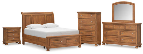 Feddinger 7-Piece Queen Storage Sleigh Bed with Mirrored Dresser, Chest and Nightstand (Queen Storage Footboard, Queen Sleigh Headboard, Queen Rails with Roll Slats, Dresser, Bedroom Mirror, Chest of Drawers, Nightstand)