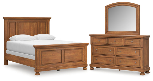 Feddinger 5-Piece Queen Panel Bed with Mirrored Dresser (Queen Panel Footboard, Queen Panel Headboard, Queen Panel Rails, Dresser, Bedroom Mirror)