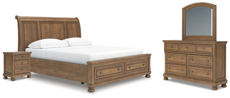Feddinger 6-Piece California King Storage Sleigh Bed with Mirrored Dresser and Nightstand (King/California King Storage Footboard, King/California King Sleigh Headboard, California King Rails with Roll Slats, Dresser, Bedroom Mirror, Nightstand)
