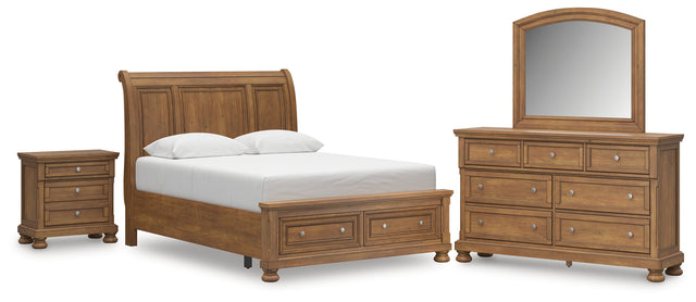 Feddinger 6-Piece Queen Storage Sleigh Bed with Mirrored Dresser and Nightstand (Queen Storage Footboard, Queen Sleigh Headboard, Queen Rails with Roll Slats, Dresser, Bedroom Mirror, Nightstand)