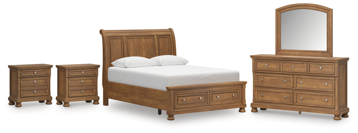 Feddinger 7-Piece Queen Storage Sleigh Bed with Mirrored Dresser and 2 Nightstands (Queen Storage Footboard, Queen Sleigh Headboard, Queen Rails with Roll Slats, Dresser, Bedroom Mirror, Nightstand, Nightstand)