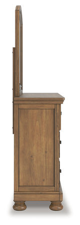 Feddinger 7-Piece California King Panel Bed with Mirrored Dresser, Chest and Nightstand (King/California King Panel Footboard, King/California King Panel Headboard, California King Panel Rails, Dresser, Bedroom Mirror, Chest of Drawers, Nightstand)