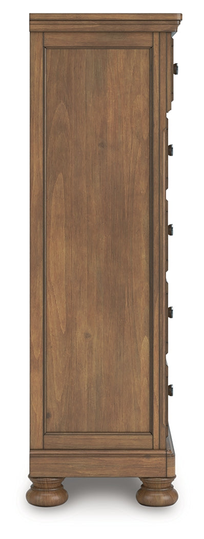 Feddinger 7-Piece California King Panel Bed with Mirrored Dresser, Chest and Nightstand (King/California King Panel Footboard, King/California King Panel Headboard, California King Panel Rails, Dresser, Bedroom Mirror, Chest of Drawers, Nightstand)