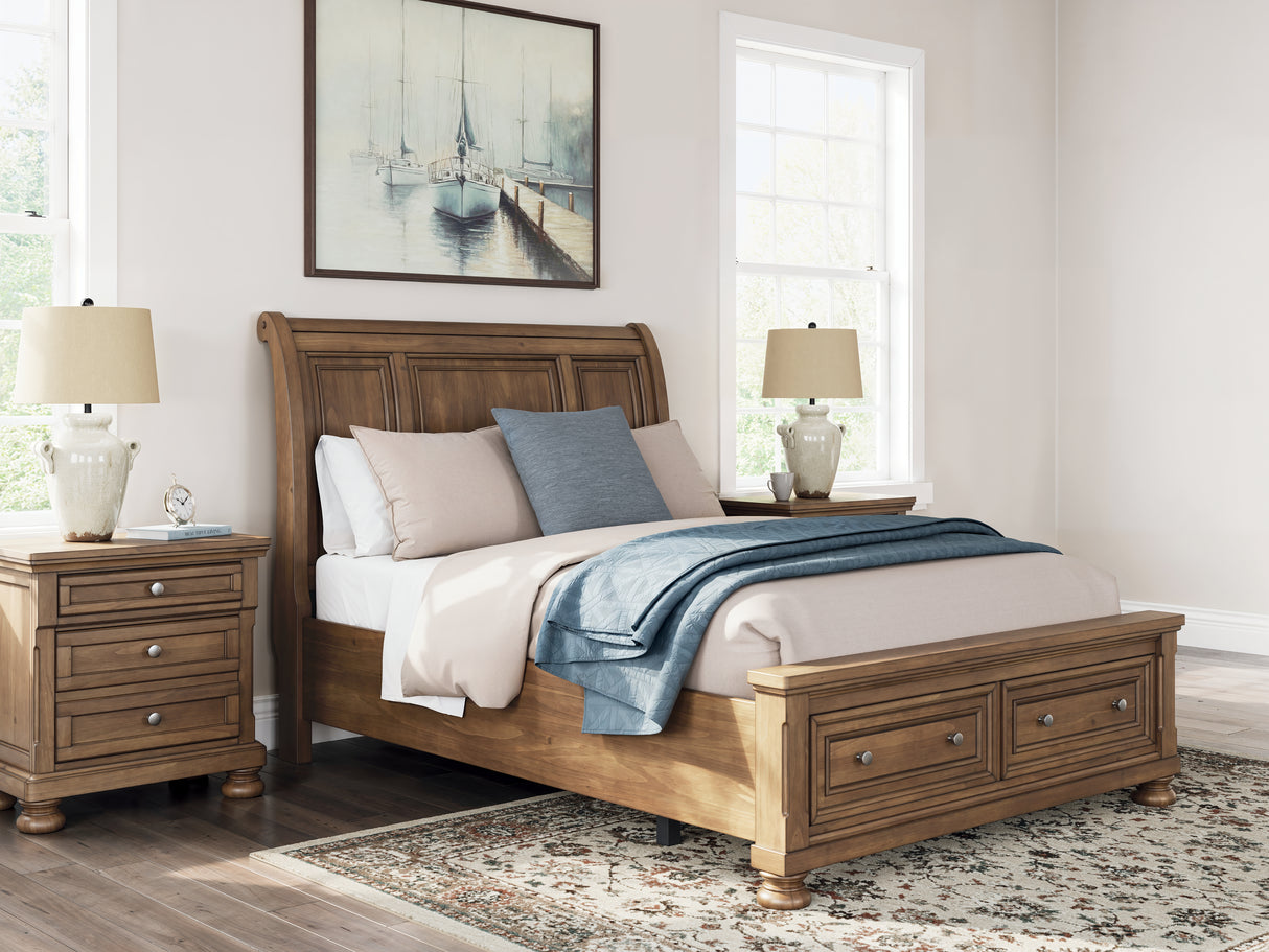 Feddinger 8-Piece Queen Storage Sleigh Bed with Mirrored Dresser, Chest and 2 Nightstands (Queen Storage Footboard, Queen Sleigh Headboard, Queen Rails with Roll Slats, Dresser, Bedroom Mirror, Chest of Drawers, Nightstand, Nightstand)