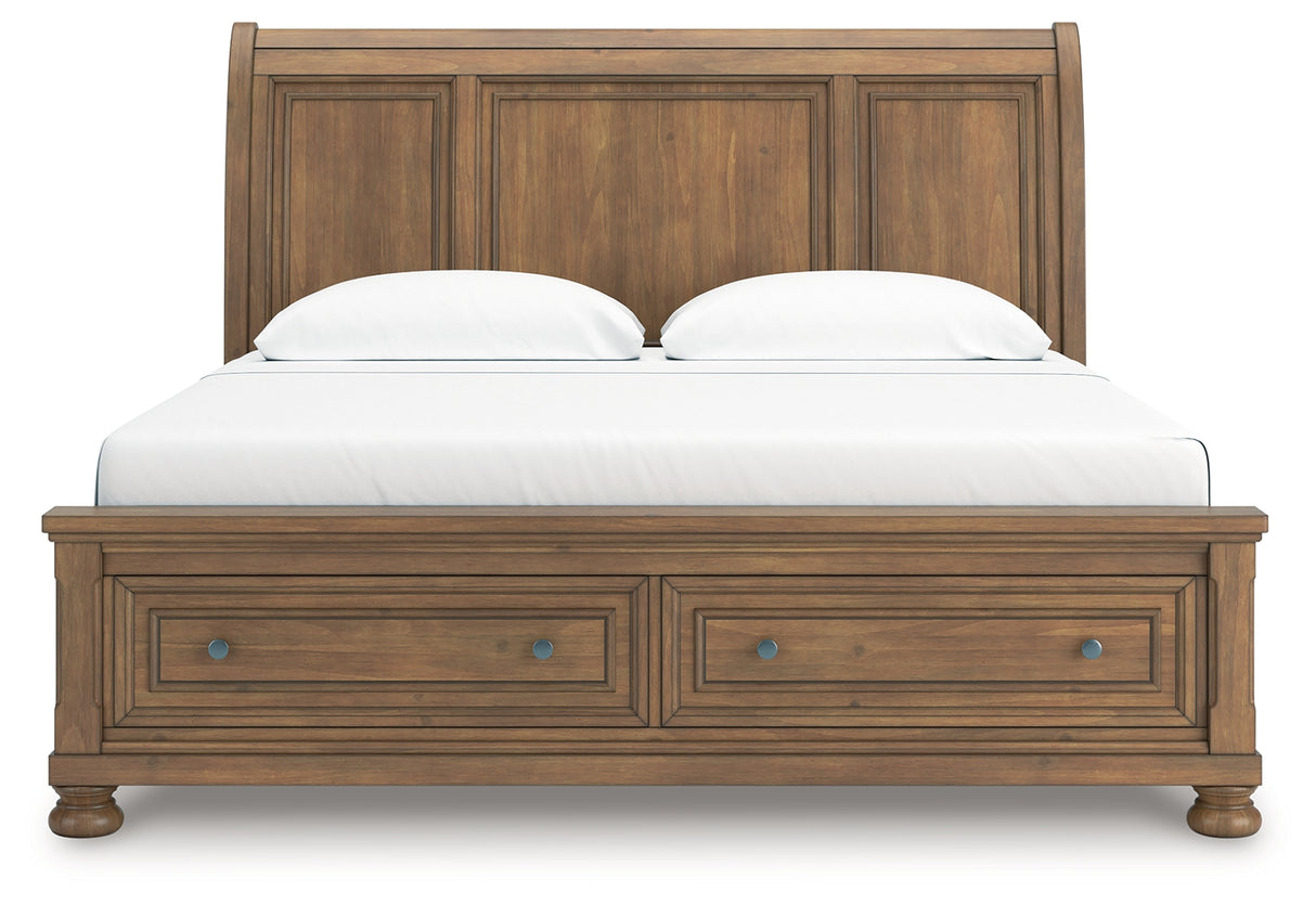 Feddinger 7-Piece King Storage Sleigh Bed with Mirrored Dresser, Chest and Nightstand (King/California King Storage Footboard, King/California King Sleigh Headboard, King Rails with Roll Slats, Dresser, Bedroom Mirror, Chest of Drawers, Nightstand)