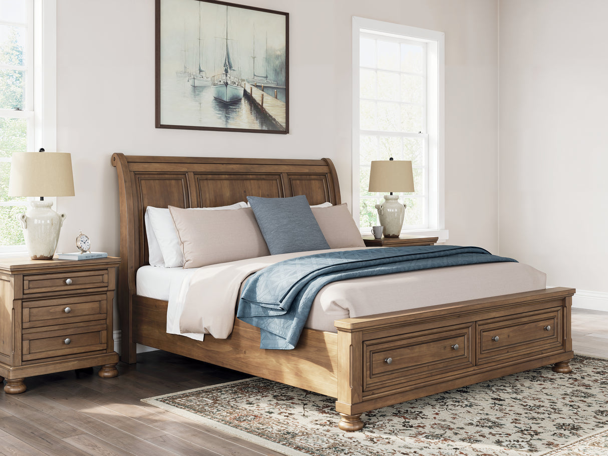 Feddinger 6-Piece King Storage Sleigh Bed with Mirrored Dresser and Nightstand (King/California King Storage Footboard, King/California King Sleigh Headboard, King Rails with Roll Slats, Dresser, Bedroom Mirror, Nightstand)