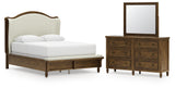 Sturlayne Queen Upholstered Panel Bed, Dresser and Mirror