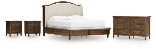 Sturlayne 6-Piece California King Upholstered Panel Bed with Dresser and 2 Nightstands (King/California King Upholstered Bench Footboard/Slats, King/California King Upholstered Headboard, California King Panel Rails, Dresser, Nightstand, Nightstand)