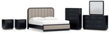 Rowanbeck 7-Piece King Upholstered Panel Bed with Mirrored Dresser, Chest and 2 Nightstands (King Upholstered Panel Footboard with Rails, King/California King Upholstered Panel Headboard, Dresser, Bedroom Mirror, Chest of Drawers, Nightstand, Nightstand)