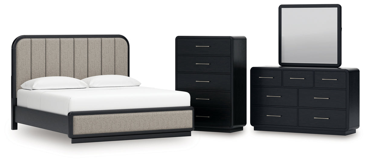 Rowanbeck 5-Piece King Upholstered Panel Bed with Mirrored Dresser and Chest (King Upholstered Panel Footboard with Rails, King/California King Upholstered Panel Headboard, Dresser, Bedroom Mirror, Chest of Drawers)