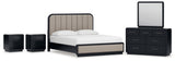 Rowanbeck 6-Piece California King Upholstered Panel Bed with Mirrored Dresser and 2 Nightstands (King/California King Upholstered Panel Headboard, California King Upholstered Panel Footboard with Rails, Dresser, Bedroom Mirror, Nightstand, Nightstand)