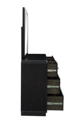 Rowanbeck 6-Piece California King Upholstered Panel Bed with Mirrored Dresser and 2 Nightstands (King/California King Upholstered Panel Headboard, California King Upholstered Panel Footboard with Rails, Dresser, Bedroom Mirror, Nightstand, Nightstand)