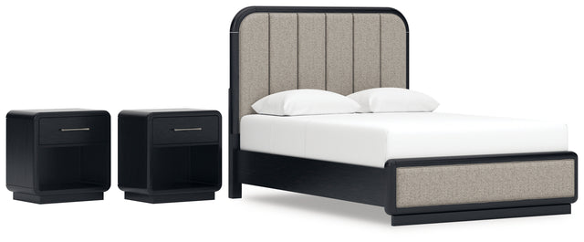 Rowanbeck 4-Piece Queen Upholstered Panel Bed with 2 Nightstands (Queen Upholstered Panel Footboard with Rails, Queen Upholstered Panel Headboard, Nightstand, Nightstand)