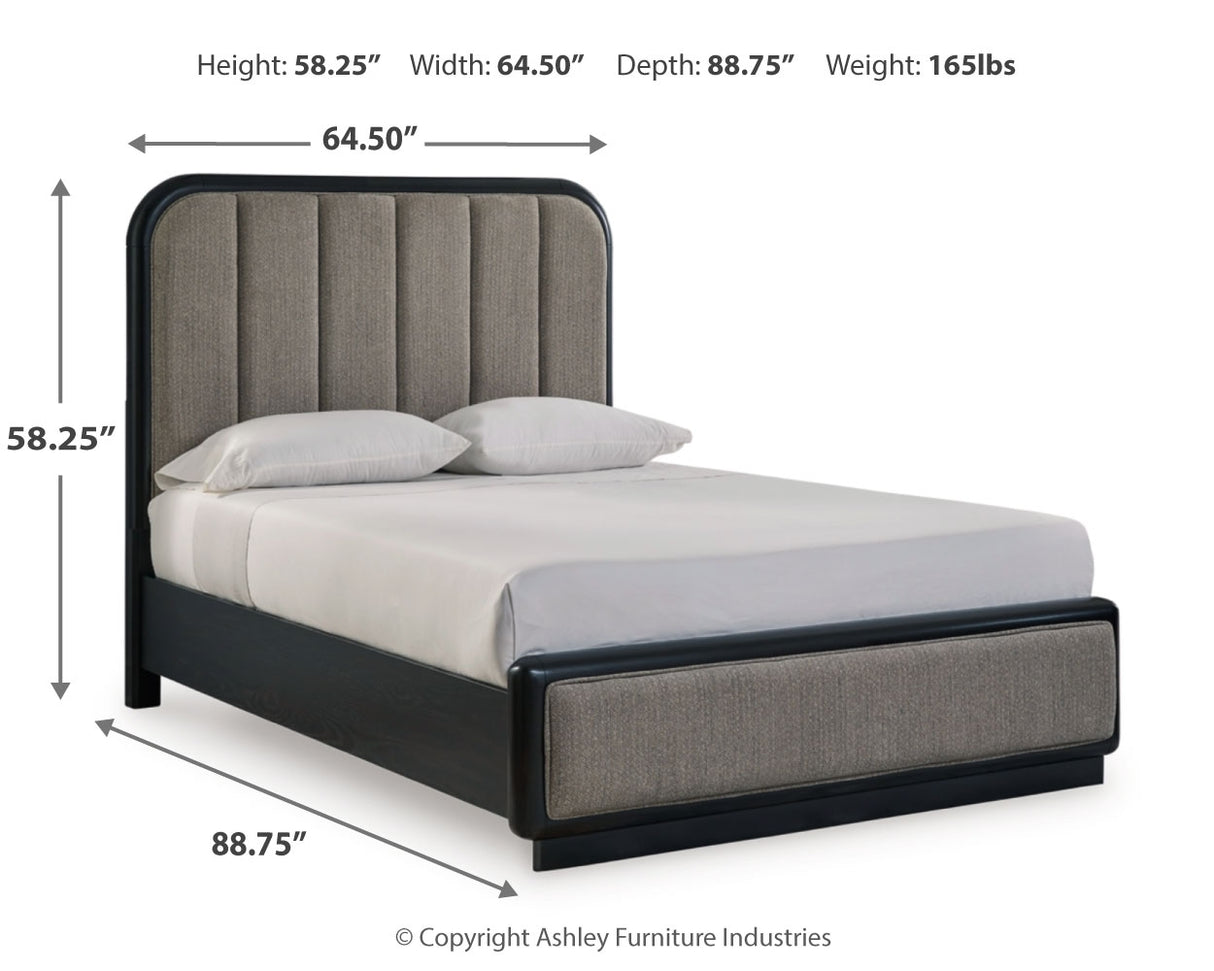 Rowanbeck 4-Piece Queen Upholstered Panel Bed with 2 Nightstands (Queen Upholstered Panel Footboard with Rails, Queen Upholstered Panel Headboard, Nightstand, Nightstand)