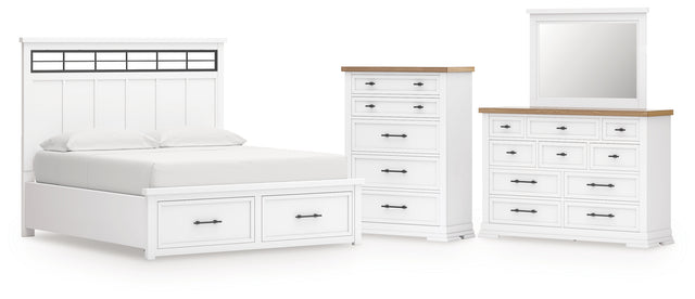 Ashbryn 6-Piece California King Panel Storage Bed with Mirrored Dresser and Chest (King/California King Storage Footboard, King/California King Panel Headboard with Roll Slats, California King Panel Rails, Dresser, Bedroom Mirror, Chest of Drawers)