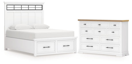 Ashbryn 4-Piece Queen Panel Storage Bed with Dresser (Queen Storage Footboard, Queen Panel Headboard with Roll Slats, Queen/King Panel Rails, Dresser)