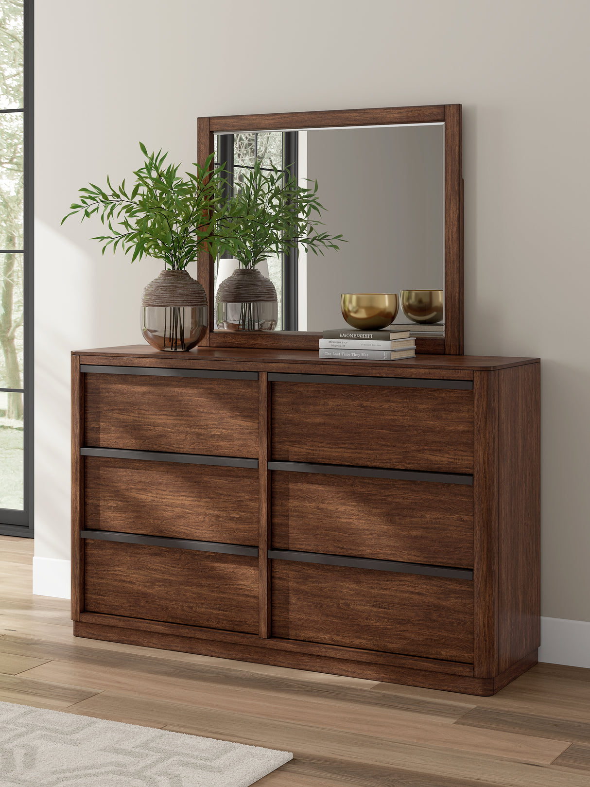 Dilenno 7-Piece Queen Canopy Bed with Mirrored Dresser, Chest and Nightstand (Queen/King Poster Rails/Posts, Queen Canopy, Queen Upholstered Poster Headboard/Footboard/Slats, Dresser, Bedroom Mirror, Chest of Drawers, Nightstand)