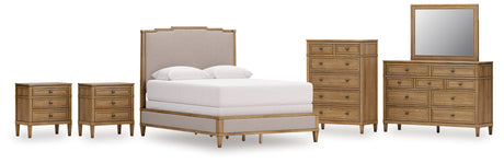 Sharlance 7-Piece Queen Upholstered Panel Bed with Mirrored Dresser, Chest and 2 Nightstands (Queen Upholstered Panel Footboard/Rails/Slats, Queen Upholstered Panel Headboard, Dresser, Bedroom Mirror, Chest of Drawers, Nightstand, Nightstand)