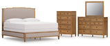 Sharlance 5-Piece California King Upholstered Panel Bed with Mirrored Dresser and Chest (King/California King Upholstered Panel Headboard, California King Upholstered Panel Footboard/Rails/Slats, Dresser, Bedroom Mirror, Chest of Drawers)