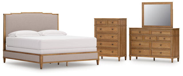 Sharlance 5-Piece California King Upholstered Panel Bed with Mirrored Dresser and Chest (King/California King Upholstered Panel Headboard, California King Upholstered Panel Footboard/Rails/Slats, Dresser, Bedroom Mirror, Chest of Drawers)