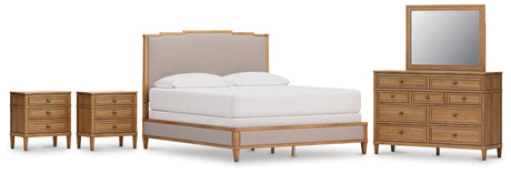 Sharlance 6-Piece California King Upholstered Panel Bed with Mirrored Dresser and 2 Nightstands (King/California King Upholstered Panel Headboard, California King Upholstered Panel Footboard/Rails/Slats, Dresser, Bedroom Mirror, Nightstand, Nightstand)