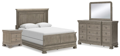 Lexorne 5-Piece Queen Sleigh Bed with Mirrored Dresser and Nightstand (Queen Sleigh Footboard with Rails, Queen Panel Headboard, Dresser, Bedroom Mirror, Nightstand)