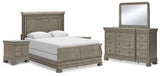 Lexorne 6-Piece Queen Sleigh Bed with Mirrored Dresser and 2 Nightstands (Queen Sleigh Footboard with Rails, Queen Panel Headboard, Dresser, Bedroom Mirror, Nightstand, Nightstand)