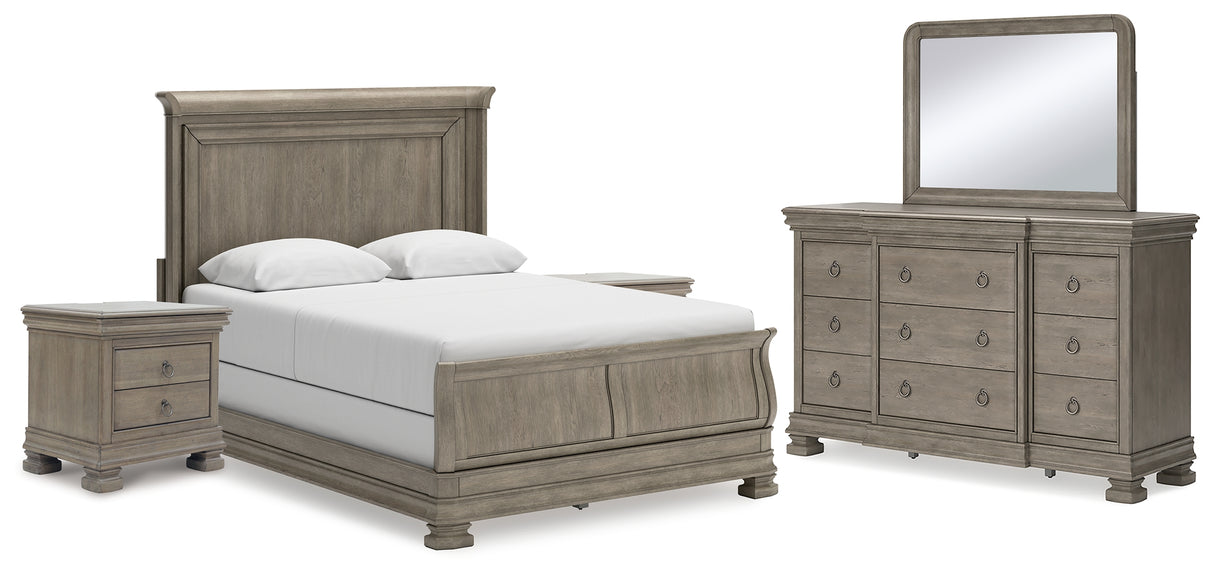 Lexorne 6-Piece Queen Sleigh Bed with Mirrored Dresser and 2 Nightstands (Queen Sleigh Footboard with Rails, Queen Panel Headboard, Dresser, Bedroom Mirror, Nightstand, Nightstand)