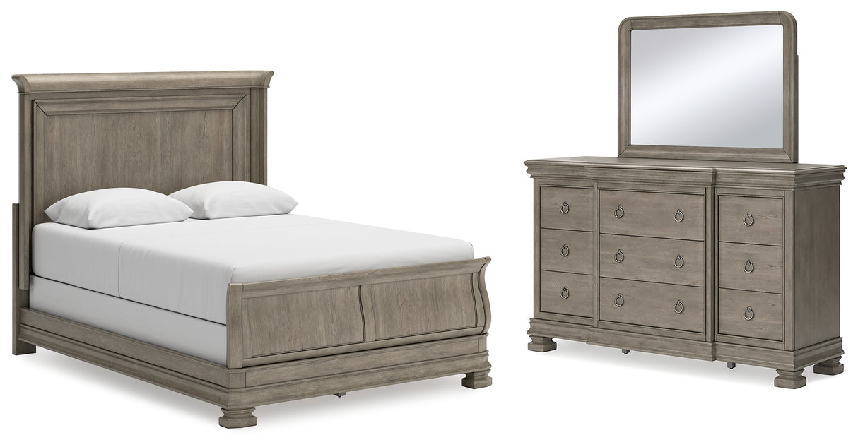 Lexorne 4-Piece Queen Sleigh Bed with Mirrored Dresser (Queen Sleigh Footboard with Rails, Queen Panel Headboard, Dresser, Bedroom Mirror)