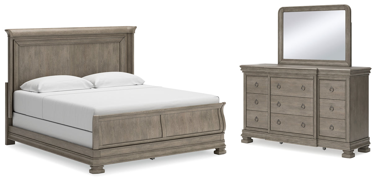Lexorne 4-Piece King Sleigh Bed with Mirrored Dresser (King Sleigh Footboard with Rails, King/California King Panel Headboard, Dresser, Bedroom Mirror)