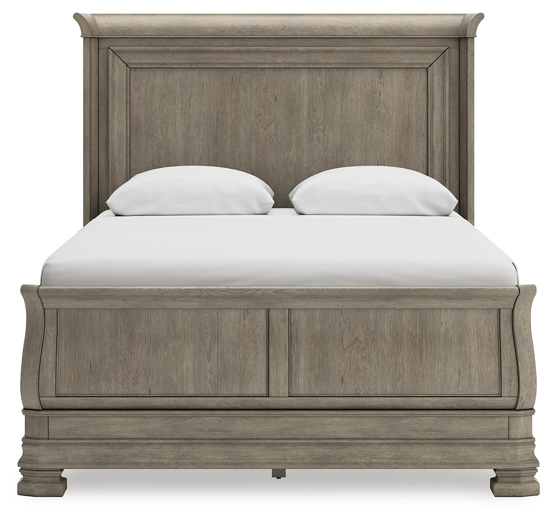 Lexorne 6-Piece Queen Sleigh Bed with Mirrored Dresser and 2 Nightstands (Queen Sleigh Footboard with Rails, Queen Panel Headboard, Dresser, Bedroom Mirror, Nightstand, Nightstand)
