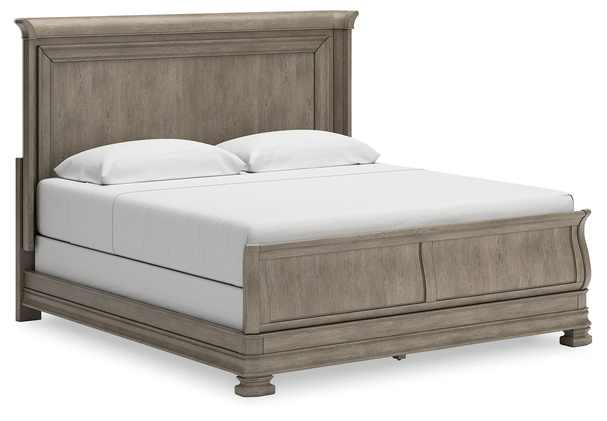 Lexorne 4-Piece King Sleigh Bed with Mirrored Dresser (King Sleigh Footboard with Rails, King/California King Panel Headboard, Dresser, Bedroom Mirror)