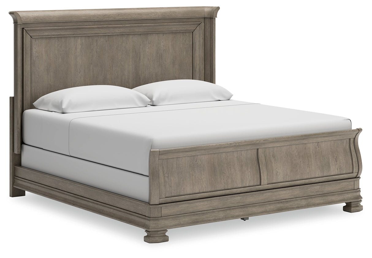 Lexorne 4-Piece California King Sleigh Bed with Mirrored Dresser (King/California King Panel Headboard, California King Sleigh Footboard with Rails, Dresser, Bedroom Mirror)