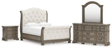 Ardenfield 6-Piece Queen Upholstered Sleigh Bed with Mirrored Dresser and Nightstand (Queen Upholstered Sleigh Footboard/Slats, Queen Upholstered Sleigh Headboard, Queen/King Sleigh Rails, Dresser, Bedroom Mirror, Nightstand)