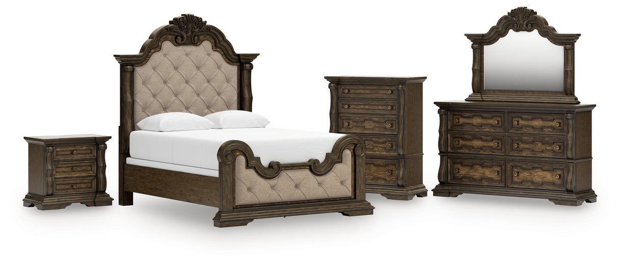 Maylee 7-Piece Queen Upholstered Bed with Mirrored Dresser, Chest and Nightstand (Queen Upholstered Panel Footboard with Slats, Queen Upholstered Panel Headboard, Queen/King Panel Rails, Dresser, Bedroom Mirror, Chest of Drawers, Nightstand)