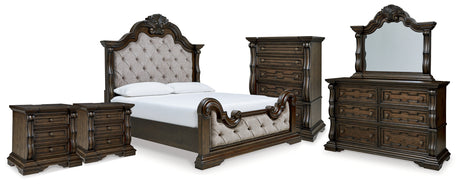 Maylee King Upholstered Bed, Dresser, Mirror, Chest and 2 Nightstands