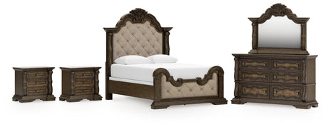 Maylee 7-Piece Queen Upholstered Bed with Mirrored Dresser and 2 Nightstands (Queen Upholstered Panel Footboard with Slats, Queen Upholstered Panel Headboard, Queen/King Panel Rails, Dresser, Bedroom Mirror, Nightstand, Nightstand)