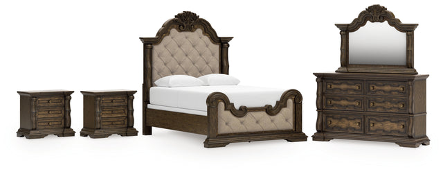 Maylee 7-Piece Queen Upholstered Bed with Mirrored Dresser and 2 Nightstands (Queen Upholstered Panel Footboard with Slats, Queen Upholstered Panel Headboard, Queen/King Panel Rails, Dresser, Bedroom Mirror, Nightstand, Nightstand)