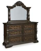 Maylee Queen Upholstered Panel Bed, Dresser, Mirror and Nightstand