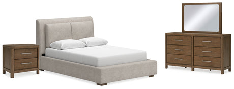 Cabalynn 5-Piece Queen Upholstered Bed with Mirrored Dresser and Nightstand (Queen Upholstered Footboard with Rails, Queen Upholstered Headboard, Dresser, Bedroom Mirror, Nightstand)