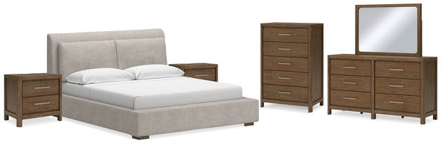 Cabalynn 7-Piece King Upholstered Bed with Mirrored Dresser, Chest and 2 Nightstands (King Upholstered Footboard with Rails, King/California King Upholstered Headboard, Dresser, Bedroom Mirror, Chest of Drawers, Nightstand, Nightstand)