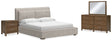 Cabalynn 5-Piece King Upholstered Bed with Mirrored Dresser and Nightstand (King Upholstered Footboard with Rails, King/California King Upholstered Headboard, Dresser, Bedroom Mirror, Nightstand)