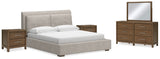 Cabalynn 6-Piece King Upholstered Bed with Mirrored Dresser and 2 Nightstands (King Upholstered Footboard with Rails, King/California King Upholstered Headboard, Dresser, Bedroom Mirror, Nightstand, Nightstand)