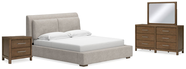 Cabalynn 5-Piece California King Upholstered Bed with Mirrored Dresser and Nightstand (King/California King Upholstered Headboard, California King Upholstered Footboard with Rails, Dresser, Bedroom Mirror, Nightstand)