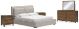 Cabalynn 6-Piece California King Upholstered Bed with Mirrored Dresser and 2 Nightstands (King/California King Upholstered Headboard, California King Upholstered Footboard with Rails, Dresser, Bedroom Mirror, Nightstand, Nightstand)