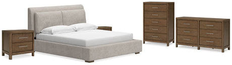 Cabalynn 6-Piece California King Upholstered Bed with Dresser, Chest and 2 Nightstands (King/California King Upholstered Headboard, California King Upholstered Footboard with Rails, Dresser, Chest of Drawers, Nightstand, Nightstand)